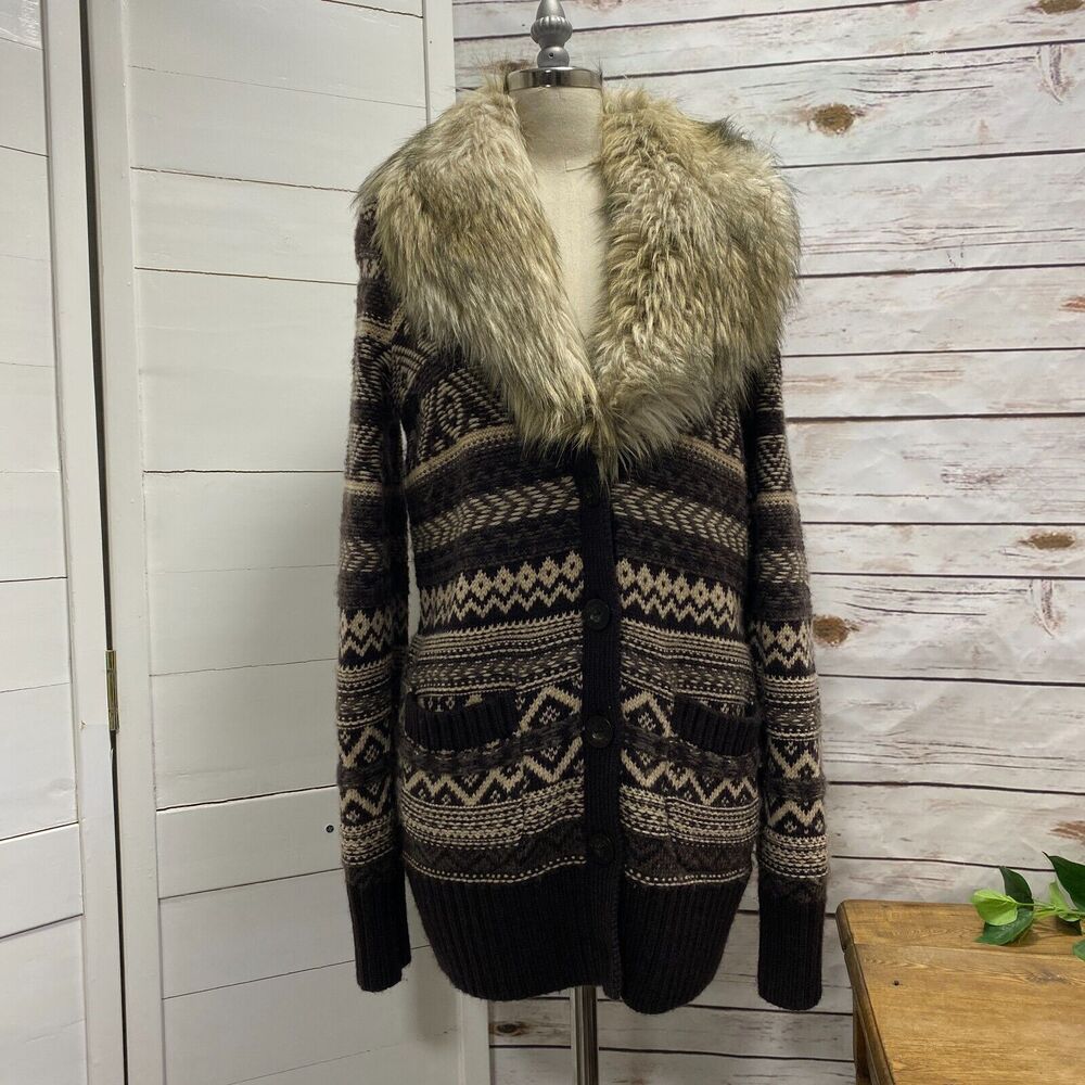 Juicy Couture Mohair Wool Knit Sweater Removable Faux Fur Collar Sz Small Aztec
